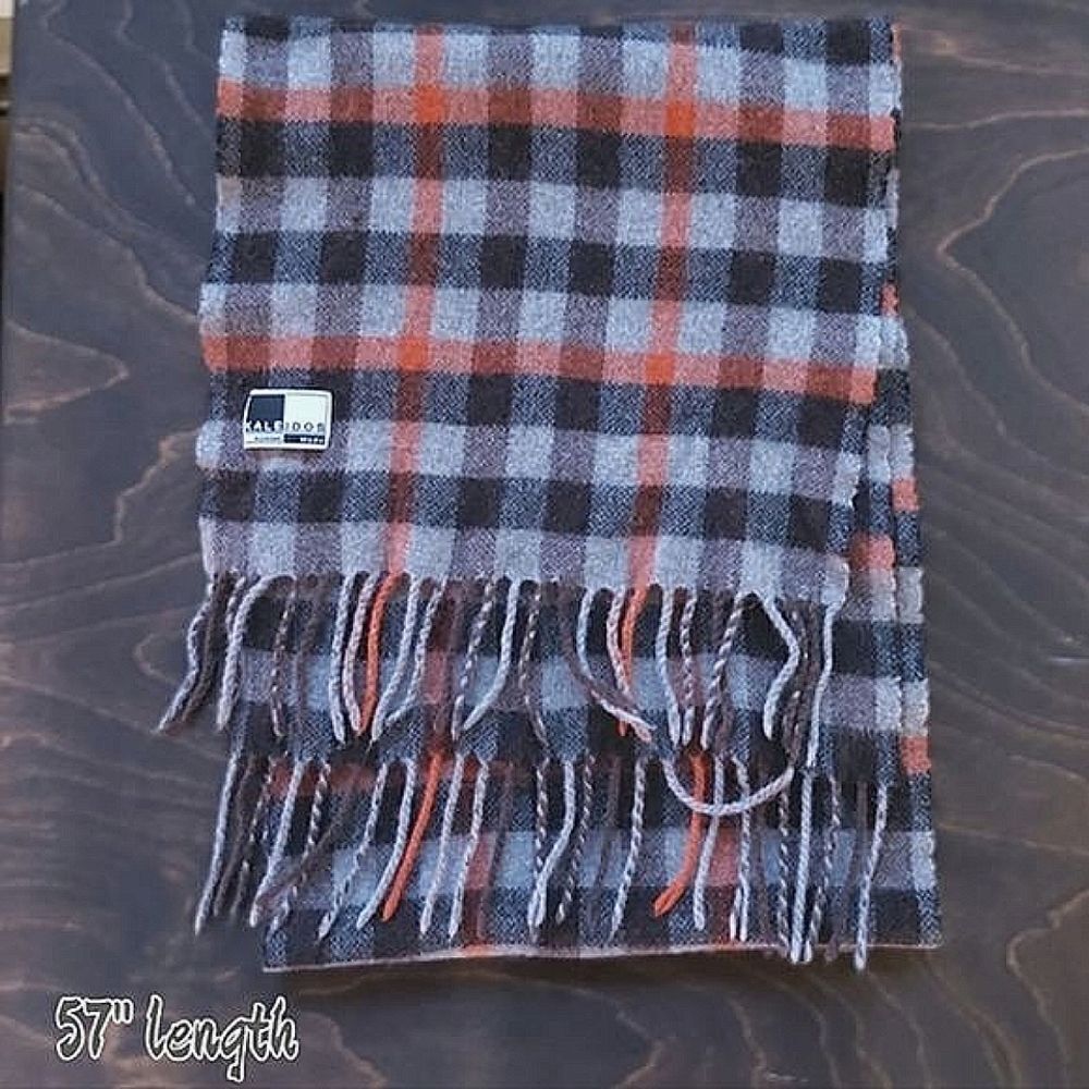 Kaleidos Moda black, orange, and grey plaid fringed scarf